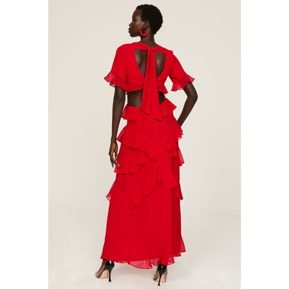 FAME & PARTNERS Red Chiffon Ruffle A-Line Mid-Cut Out Marse Gown Dress Size 2 - Picture 2 of 16